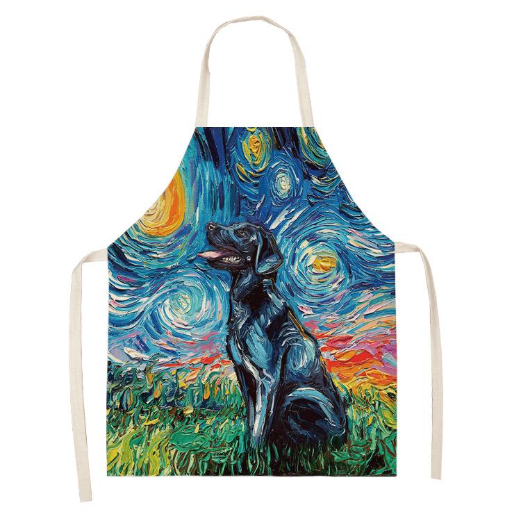 Schürze im Ölgemälde-Stil, Sternenhimmel-Hintergrund, Hund, Leinen, Baumwolle, kreative Eltern-Kind-Schürze, Familienküche