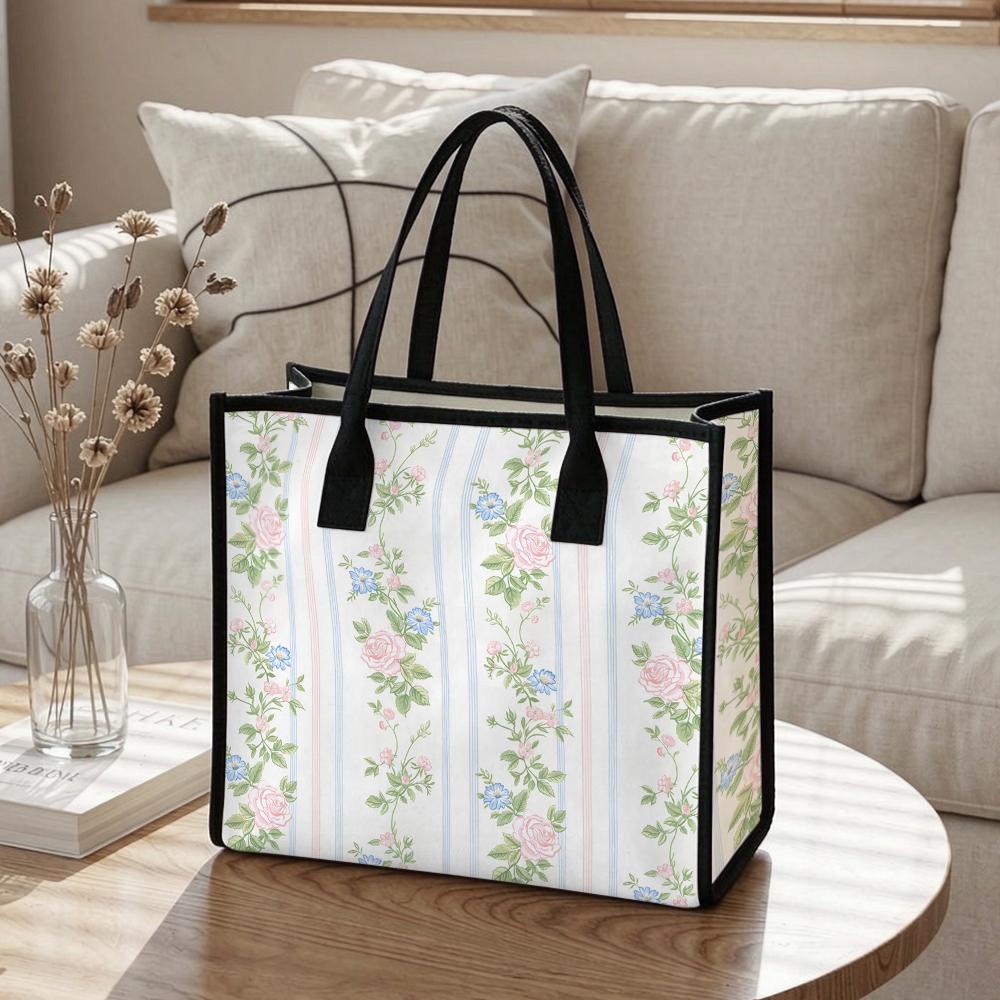 Floral Stripe Tote Bag Casual Canvas Shoulder Bag For Daily Shopping Work Travel