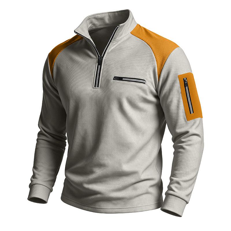 Men Waffle Knit Sweatshirt Quarter Zip Stand Collar Pullover Color Block Long Sleeve Tops Casual Streetwear Hoodie