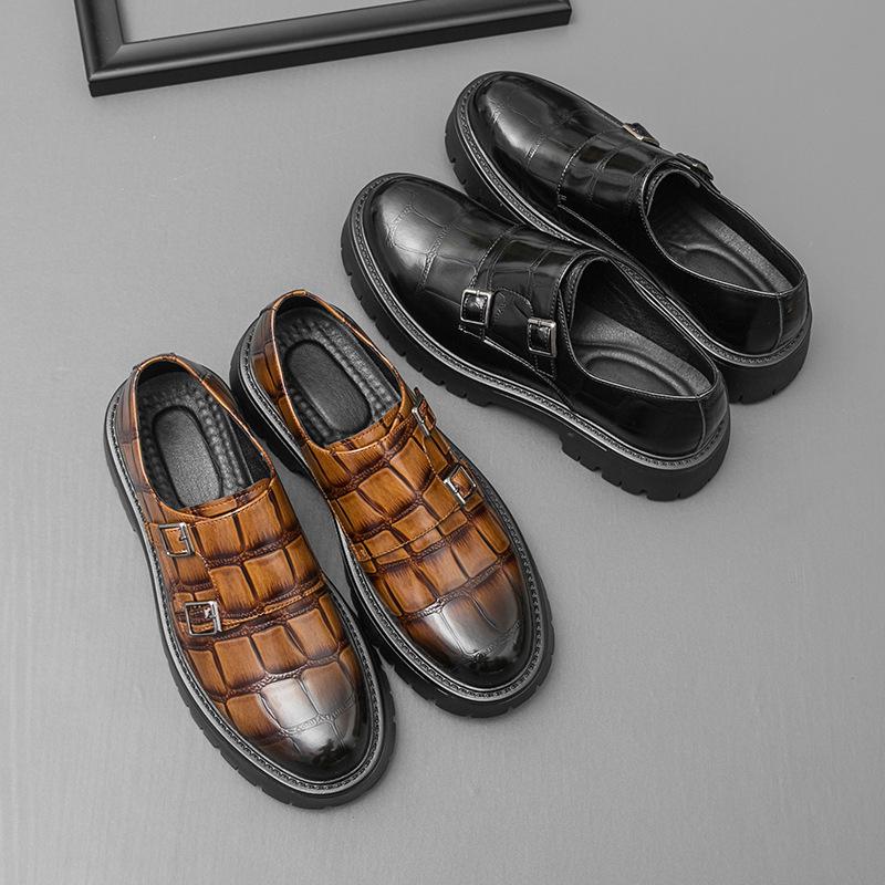 2025 Autumn New Large Size Double Pin Buckle Loafers Men's Size 38-46 Patent Leather Glossy Thick Heel Thick Sole Heightening Leather Shoes
