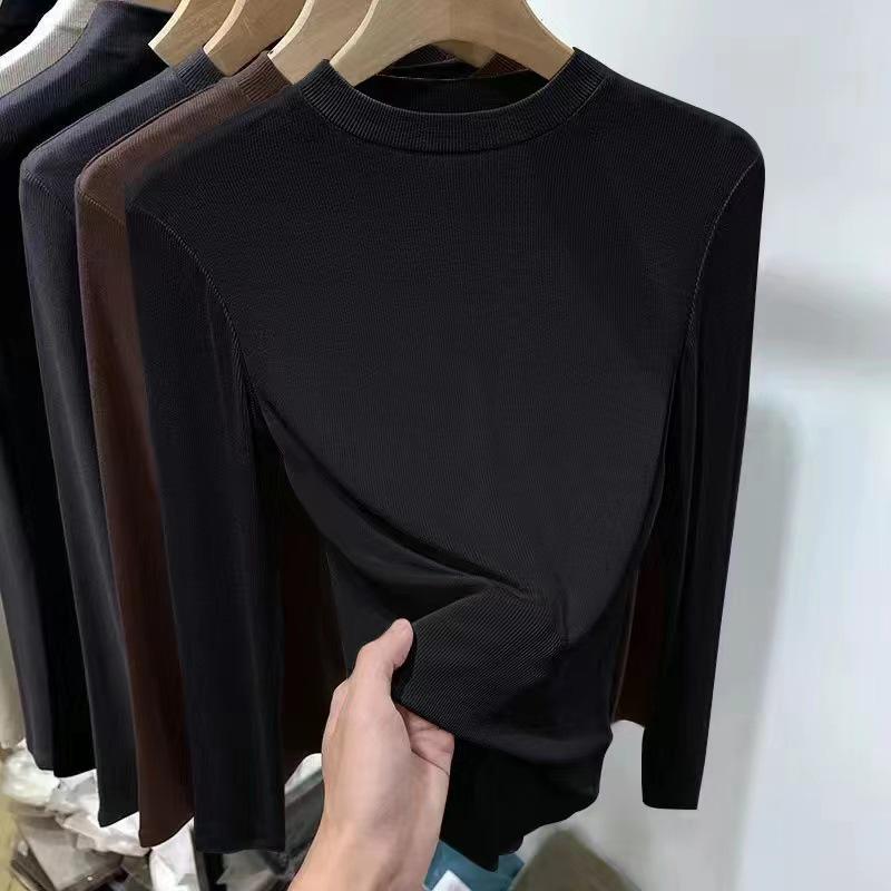 Tricou cu guler mic, față-verso din fleece, pentru femei, croială slim, cu mânecă lungă – Versatil pentru primăvară/toamnă, stil european, top cu nervuri