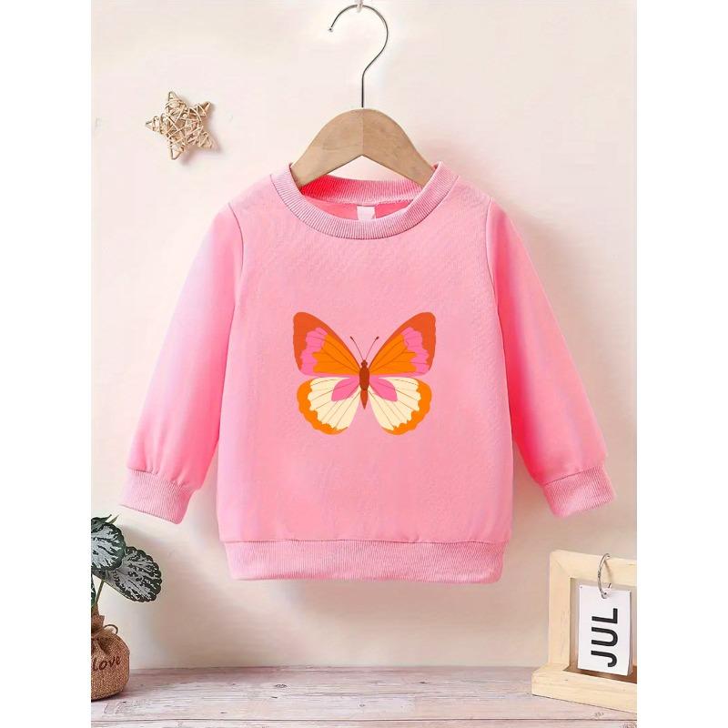 Baby Girls' Soft Pink Butterfly Cartoon Print Hoodie - Long Sleeve Round Neck Spring & Autumn Outfit