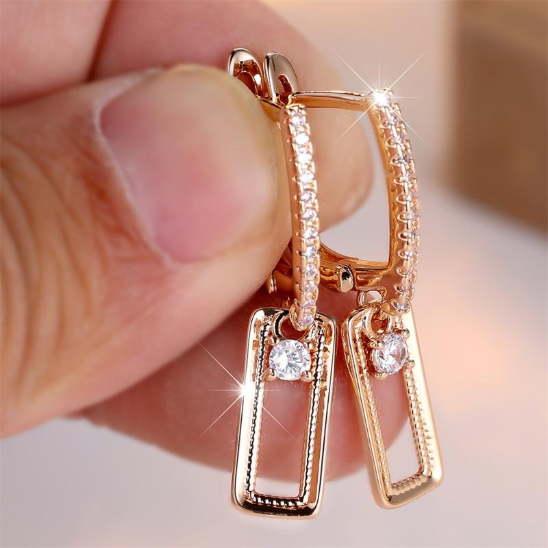White Cubic Zirconia Round Stone Rectangular Pendant Earrings For Women Vintage Golden Earrings Wedding Jewelry Birthday Gift