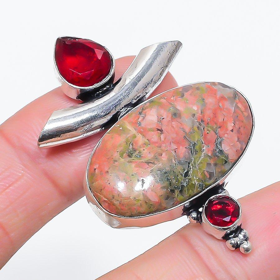 Natural Unakite, Garnet Gemstone 925 Sterling Silver Jewelry Pendant 2.01" p0o07