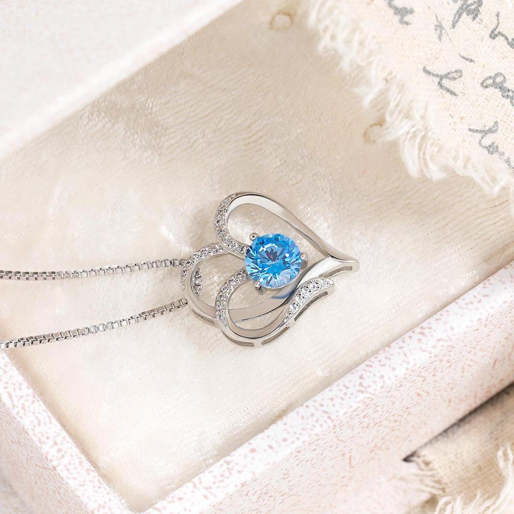 Elegant Double Heart Pendant Necklace with Colored Zirconia