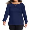 Women's Solid Color Round Neck Pleated Long Sleeved Plus Size Top