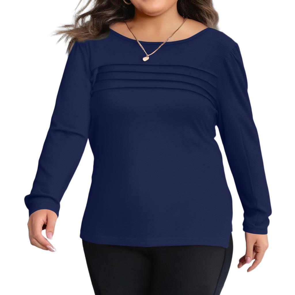 Women's Solid Color Round Neck Pleated Long Sleeved Plus Size Top