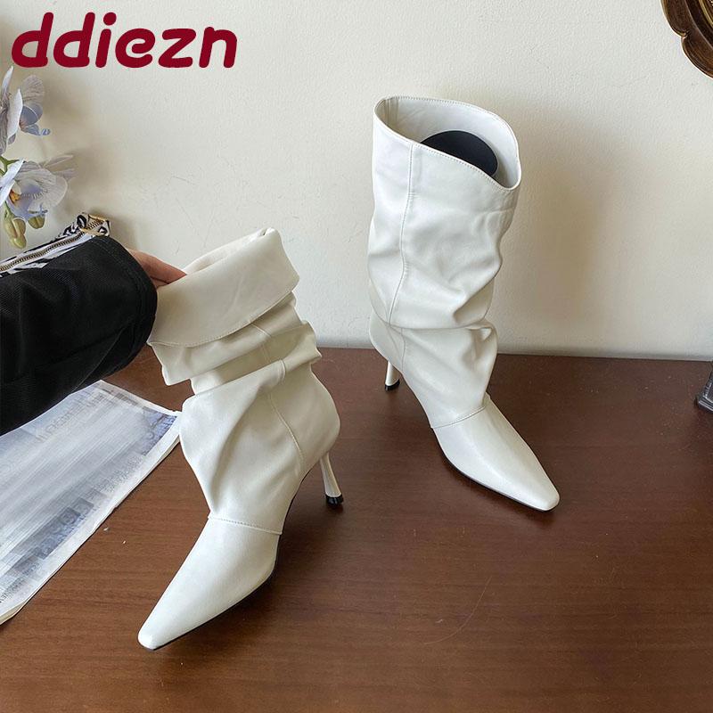 Fashion Fashion Pleated Ladies Modern Boots Shoes Thin Heels Footwear Pointed Toe Women Short Boots Female Slip On Shoes Pumps