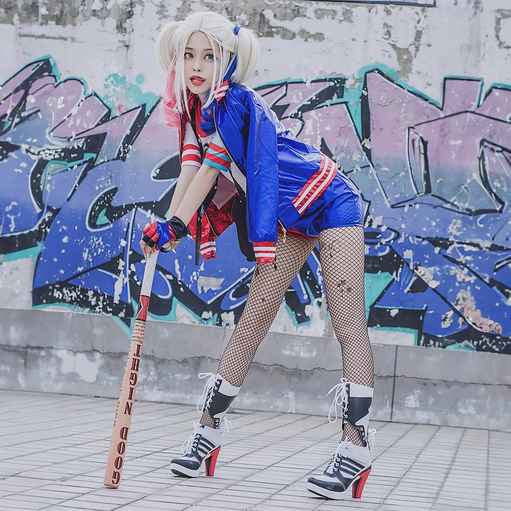 Harley Quinn Cosplay Costume with Wig Version x Black Red x Harley Quinn Suicide Squad Style Halloween Costume for Women Version x [milky time] -