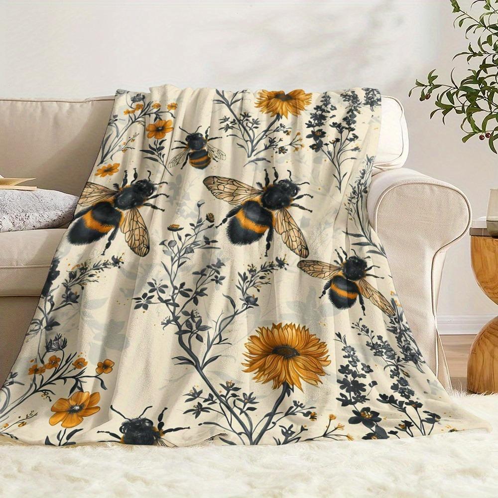 Cozy Soft Warm Skin-Friendly Bee Wildflower Flannel Throw Blanket Napping Camping Travel Sofa Bed Friends Family Gift Blankets