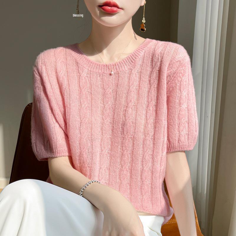 Women's 35% Cashmere Cable Knit Sweater, Round Neck, Short Sleeve, Commuter Style