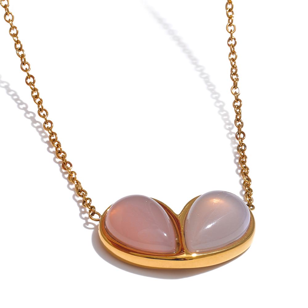 

Yhpup Fashion Pink Natural Stone Heart Love Pendant Necklace 316L Stainless Steel Stylish Collar Jewelry 18K PVD Plated Gift