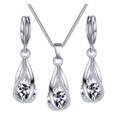Silver Drop Jewelry Set for Women Cubic Zircon Teardrop Dangle Earrings And Necklace Set for Wedding Bridal Accessories
