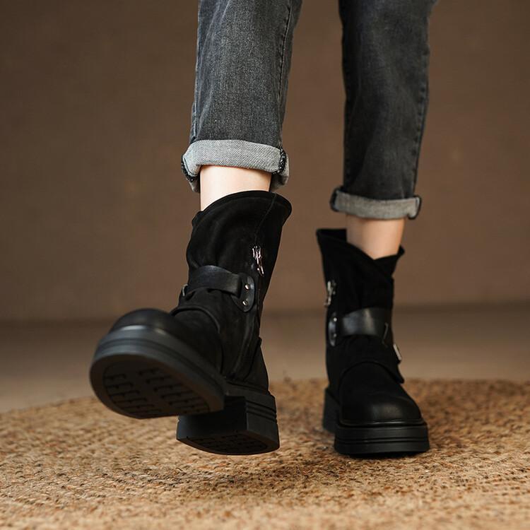 Brand Heavy British Retro Genuine Leather Lace-Up Martin Boots, Chunky Mid-Heel Ankle Design for Women