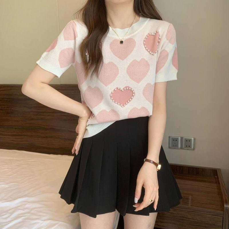 Liebe Eisseide Gestricktes Kurzarm-T-Shirt für Damen Sommer Koreanische Edition Design Sinn Nische Slim Fit Top