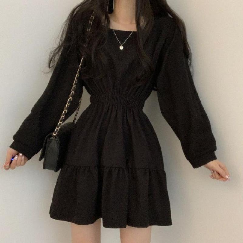 Square Collar A-Line Sweet Vintage Design High Waist Mini Length Soft Korean Elegant Women Long Sleeve Gothic Black Dresses