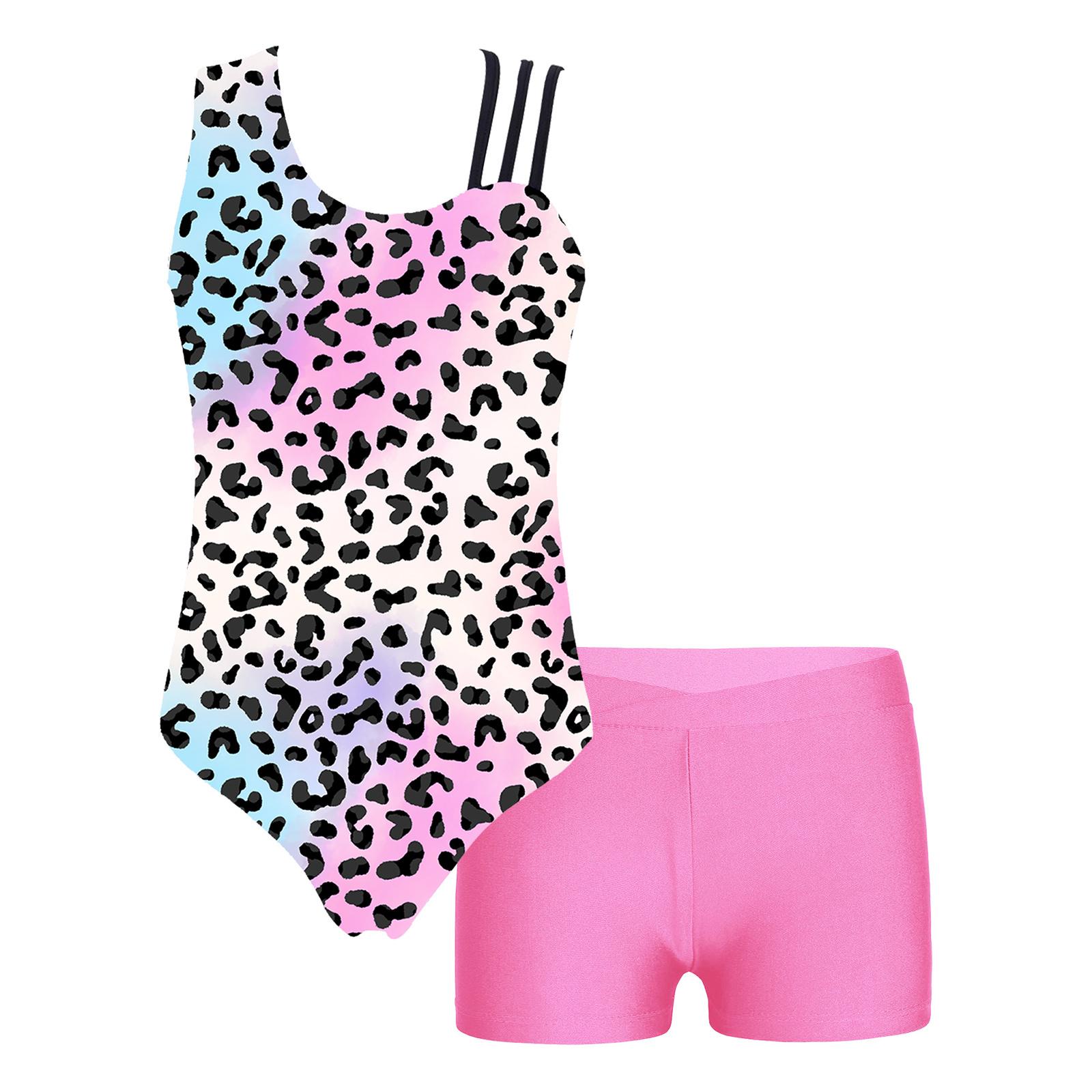 

Асимметричный купальник для девочек, принт, танцевальный топ, V-образный вырез, шорты, наряд для гимнастических выступлений и тренировок 3-4 Years