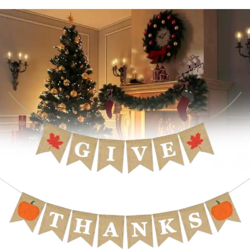 Letter Give Thanks Banner Burlap Flag Banners Thanksgiving Party Decorations