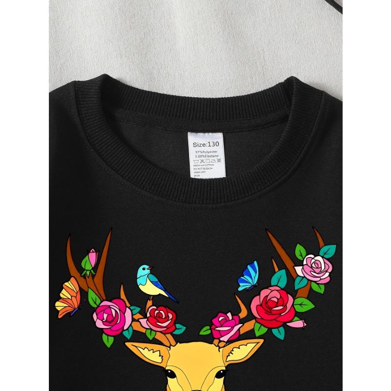 European sizes Girls Soft Crewneck Sweatshirt Deer Head with Roses And Birds Print, Casual for Fall Winter, Ideal Holiday Present.