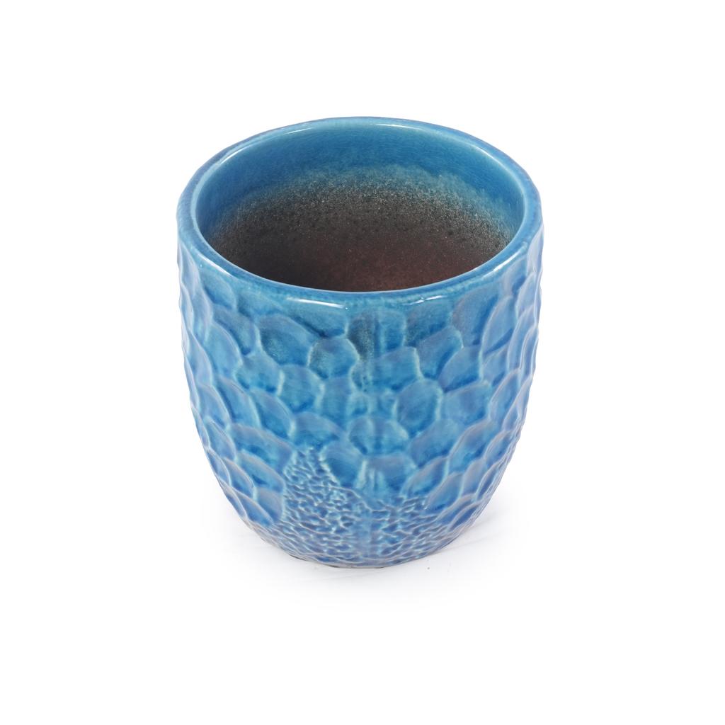 Handmade Ceramic Plant Pot Set of 4 (diameter 38/30/22.5/18 Cm), Glossy Blue with Round Hammered Relief, Frost-Resistant, with Drainage Holes
