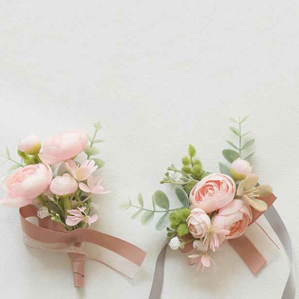 6pcs Pink Corsage Boutonniere Set for Bride Groom Bridesmaids Groomsmen Wedding Cerenony Homecoming Prom Suit Flowers