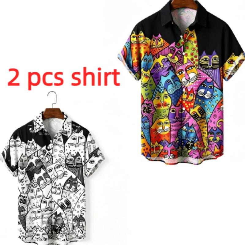 Summer Fashion Funny Colorful Cartoon Cat Printing Shirt Hawaiian Beach Vacation Clothing Men's Street Style Shirt Daily Men's and Women's Shirt