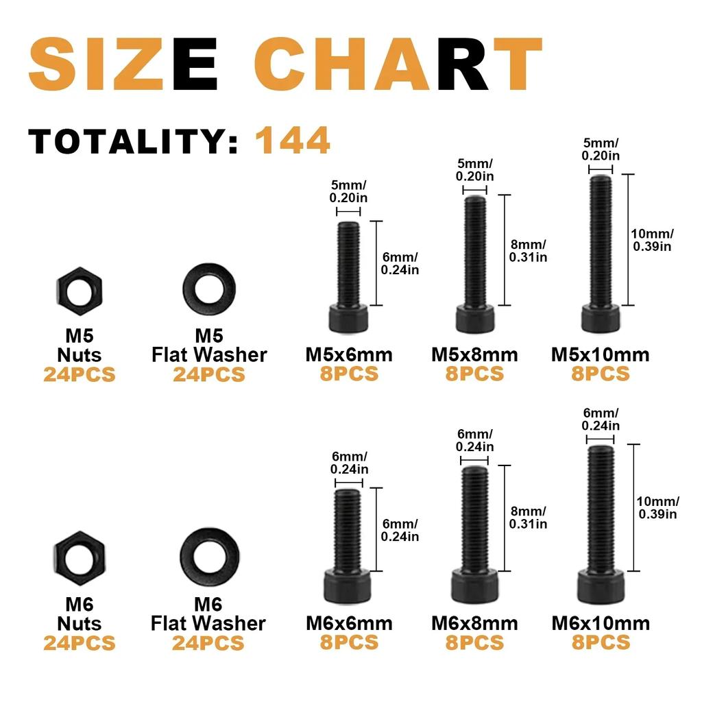 VKKM 144-Piece M5/M6 Hex Socket Screw Set, 10.9 Grade Alloy Steel – Essential for Mechanical and Furniture Fastening