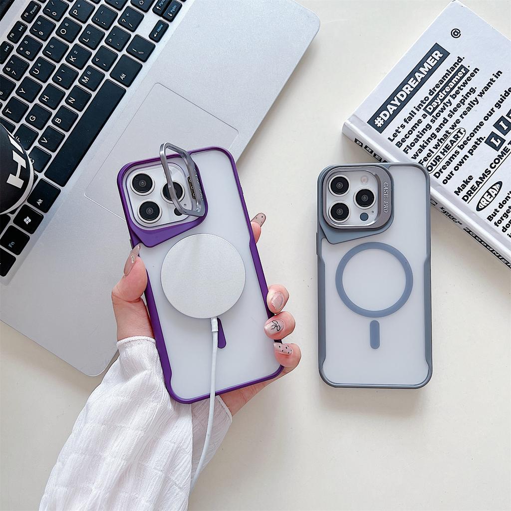 For iPhone 14 Pro Max Case Compatible with MagSafe Lens Frame Kickstand PC+TPU Phone Cover