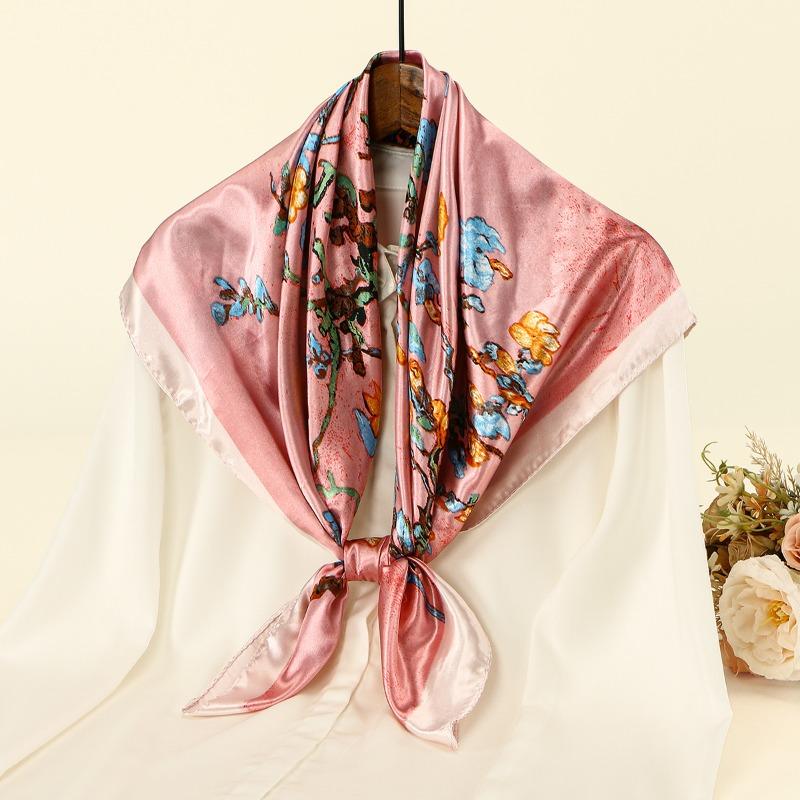 New hot-selling branch and vine printing satin versatile square scarf fashionable high-end outer imitation silk shawl bag headscarf