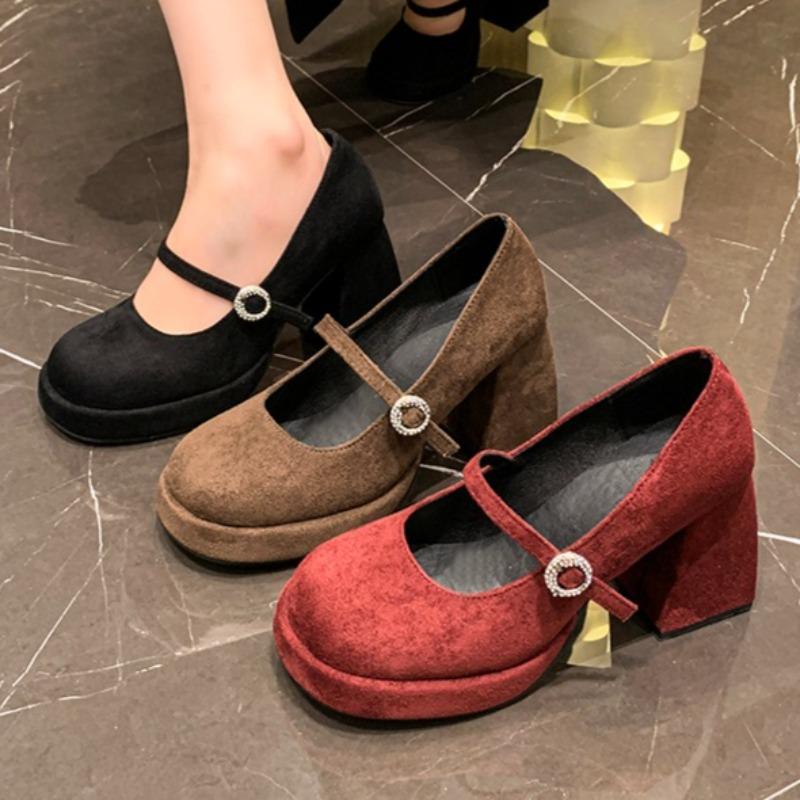 Fashion Crystal Suede Women High Heels Shoes 2025 Autumn Shallow Chunky Pumps Elegant Comfort Mary Janes Shoes Dress Chaussures Femme