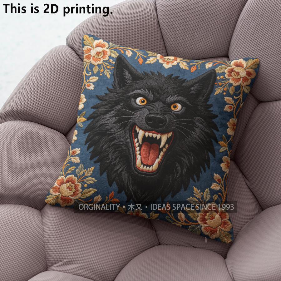 Vintage Floral Roaring Black Wolf Throw Pillow Covers Pattern Cushion Cover Suitable for Sofa Bedroom Car Pillow Cover