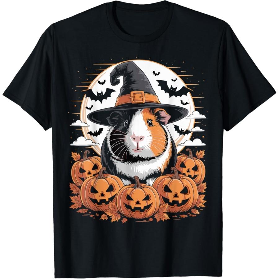 Guinea Pig Witch Hat Pumpkin Fall Spooky Bats Halloween T-Shirt S