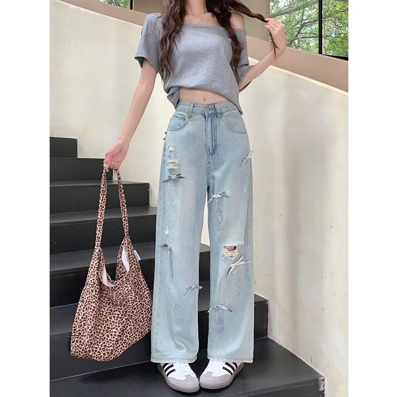 

Джинсы с высокой посадкой больших размеров с пайетками и рваностями - Женские укороченные брюки широкого кроя L светло-синий