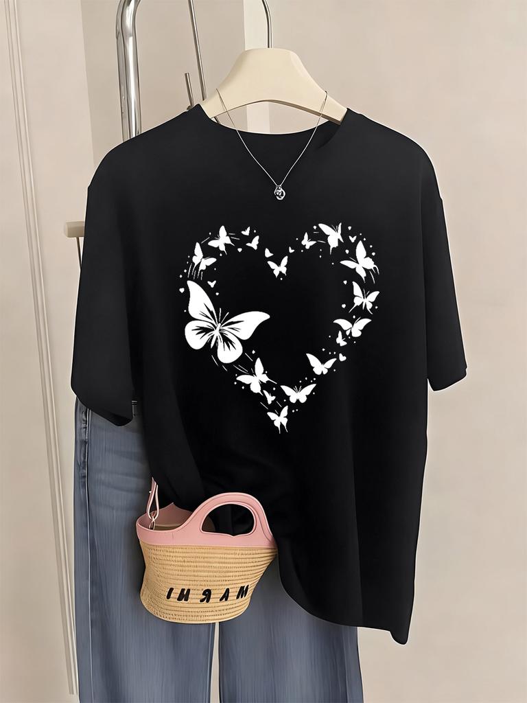Schmetterling Herz Bedruckte T-Shirts Damen Lässig Weiche T-Shirts Locker Bequem Kurzarm Oberteile Sommer O-Ausschnitt Damen Kleidung