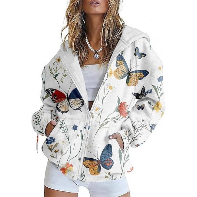 Womens Oversized Hooded Zip-Up Sweatshirt With 3D Printed Winter Casual Loose Fit