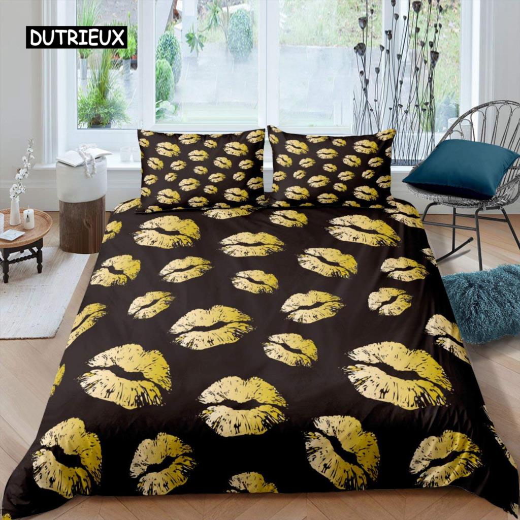 Lip Duvet Cover Pink and Gray Lips Kissing Pattern Comforter Cover Sexy Theme King Size Twin Bedding Set for Women Girls Lovers