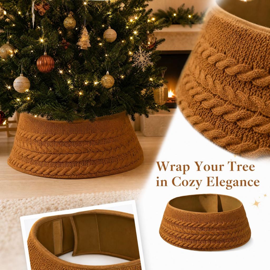 Knitted Christmas Tree Skirt, Quilted Tree Base Cover for Holiday Decor