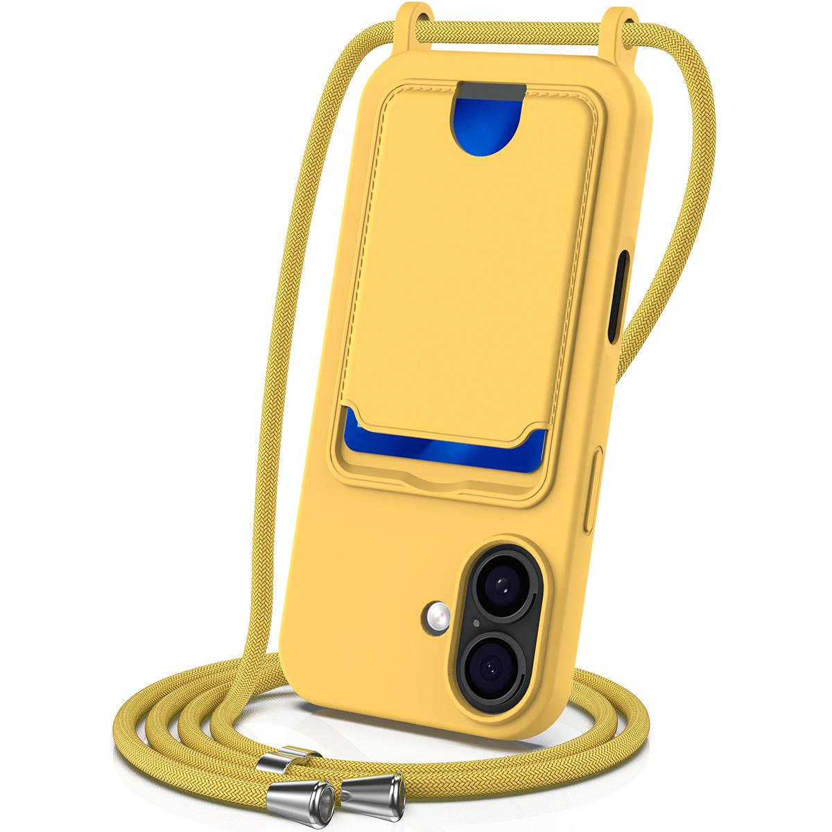 

For iPhone 17 Case Liquid Silicone Card Holder Back Phone Cover with Lanyard Yellow