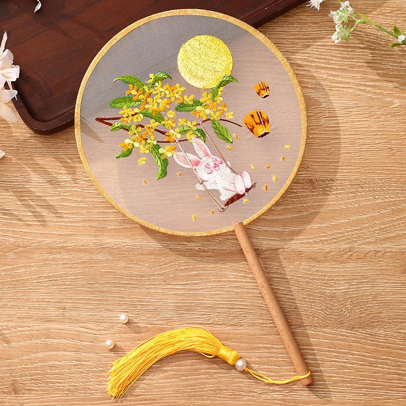 China Fan  Semi-Transparent Long Handle Tassel Dance Fan Female Costume Hanfu Cheongsam Embroidery Small Round Fan