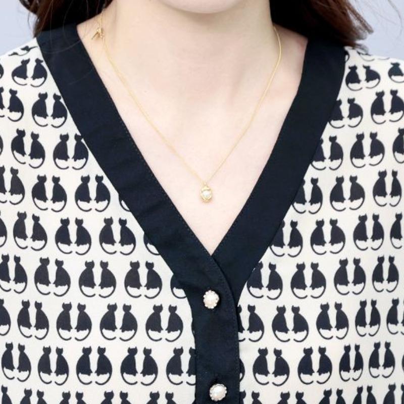 Korean Minimalist New Summer Printing Women's V-neck Button Fashion Versatile Short Sleeve Loose Mid Length Chiffon Shirt Tops