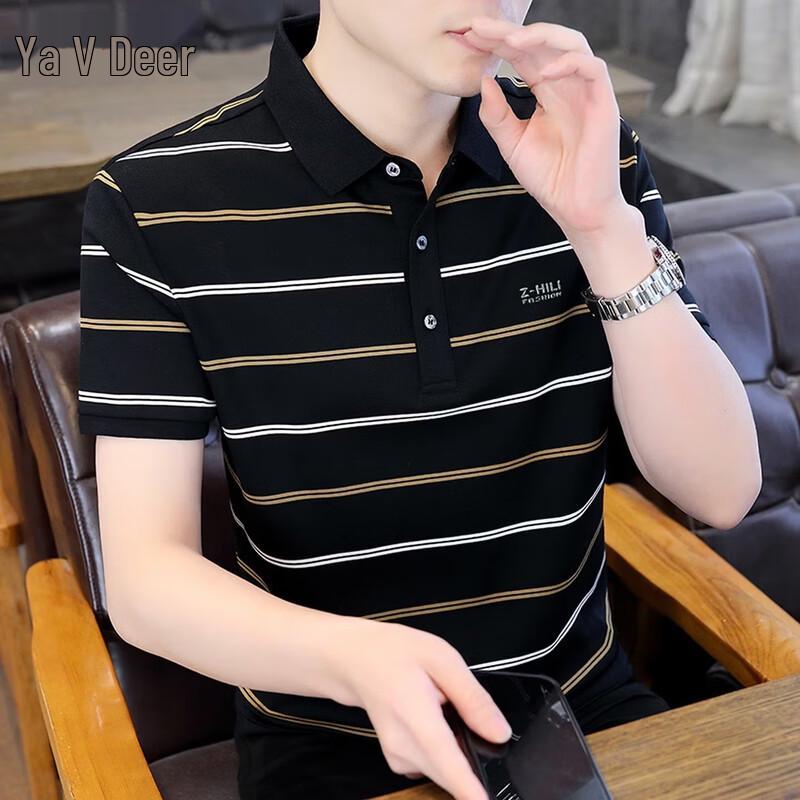 Yalu Men s Striped Mercerized Cotton Polo Shirt M