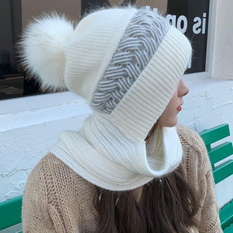 Zimowy dzianinowy zestaw czapek Skullies z szalikiem, odporny na zimno, szalik chroniący uszy, ciepłe dziewczęce czapki, rowerowe, wiatroszczelne, damskie, outdoorowe czapki