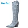 Western Women's Knee High Boots Genuine Leather Silver Cowboy Boot Pointed Wedges Heel Party Winter Shoes Ladies Big Size Brand