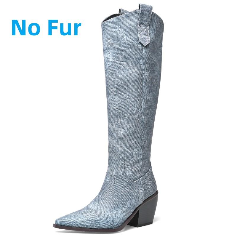 Western Women's Knee High Boots Genuine Leather Silver Cowboy Boot Pointed Wedges Heel Party Winter Shoes Ladies Big Size Brand