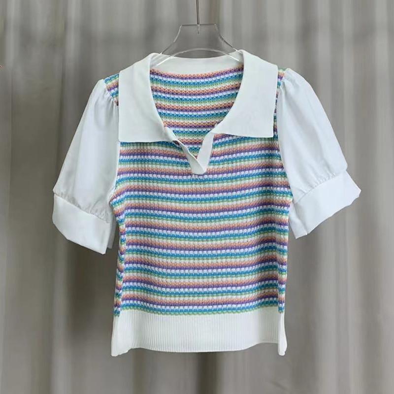

Модный полосатый поддельный двухсекционный трикотажный свитер с короткими рукавами, женская футболка, маленькие топы, короткий абзац, кардиган в иностранном стиле, маленькая рубашка, женская летняя One Size