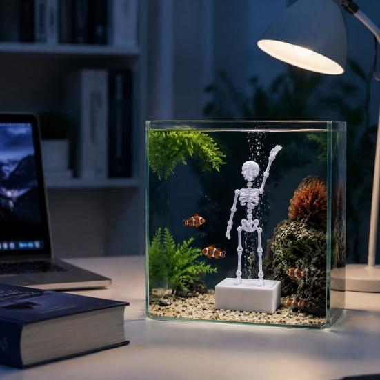 Fish Tank Air Driven Ornament Dancing Skeleton Aquarium Bubbler, 3D Printed Powered Moving Skull Ornament, Halloween Gothic Decorative Bubbler