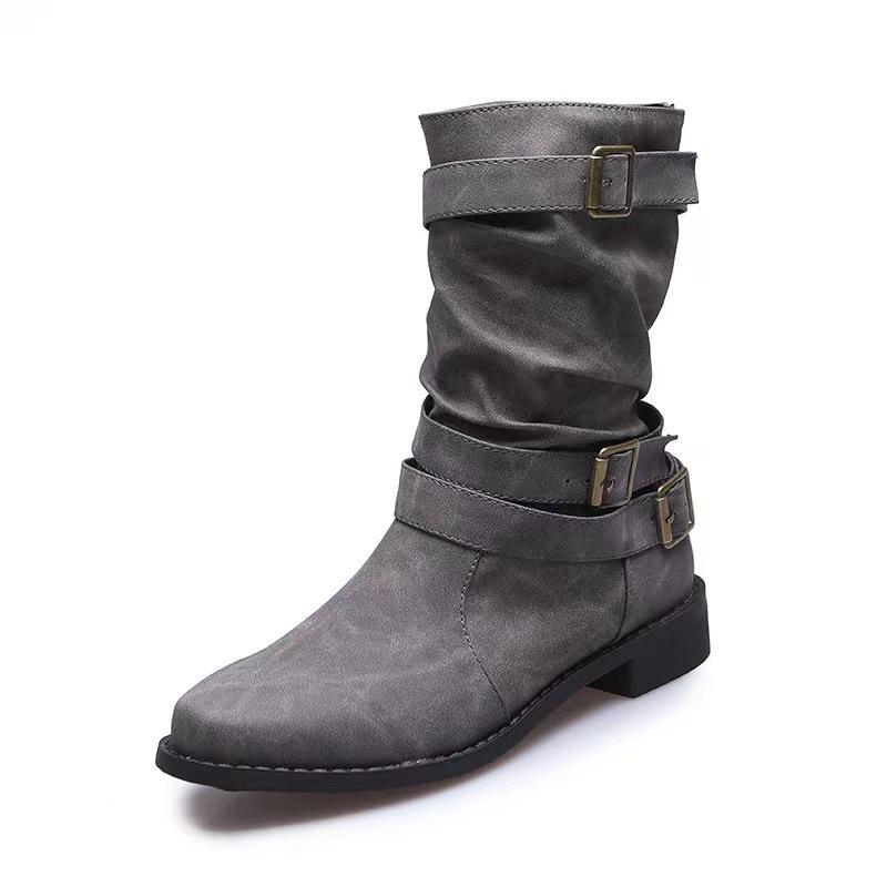 Autumn And Winter Large Slope Heel Women'S Boots Solid Color Folded Slope Heel Buckle Short Style 35-43