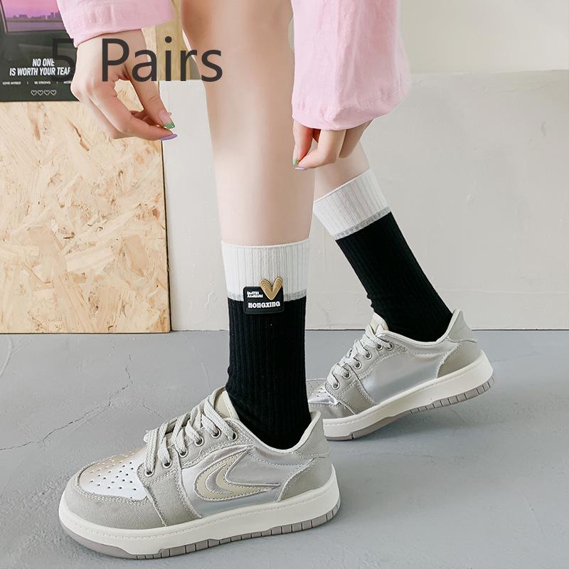 5 Pairs of New Female Spring and Summer Sweat Absorbing Color Collage Style Long Tube Stack Socks
