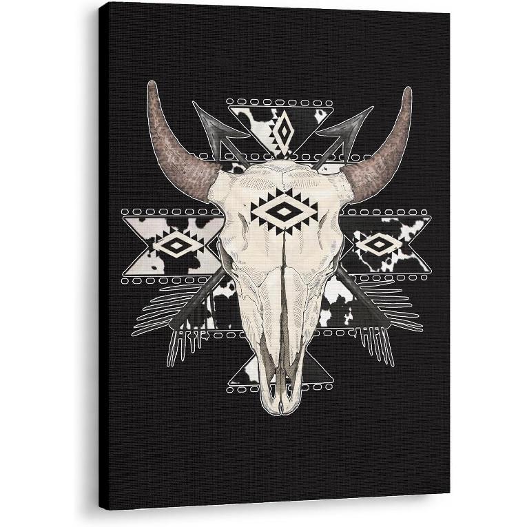 GTYNU Boho Aztec Western Cow Bull Skull Framed Canvas Wall Art Decor, Southwestern Wall Art Canvas Prints, Boho Bedroom Decor, Western Wall Decor for