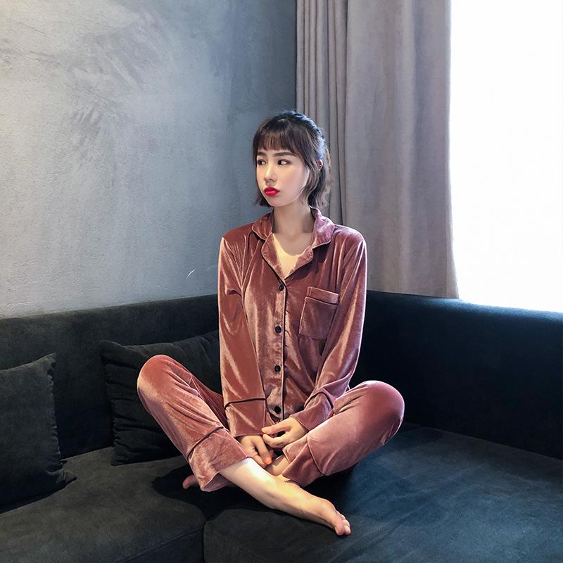 Couple's Gold Velvet Pajamas: Thin Fleece Two-Piece Set for Women & Men - Long Sleeve, Solid Color, Perfect for Spring & Autumn Homewear